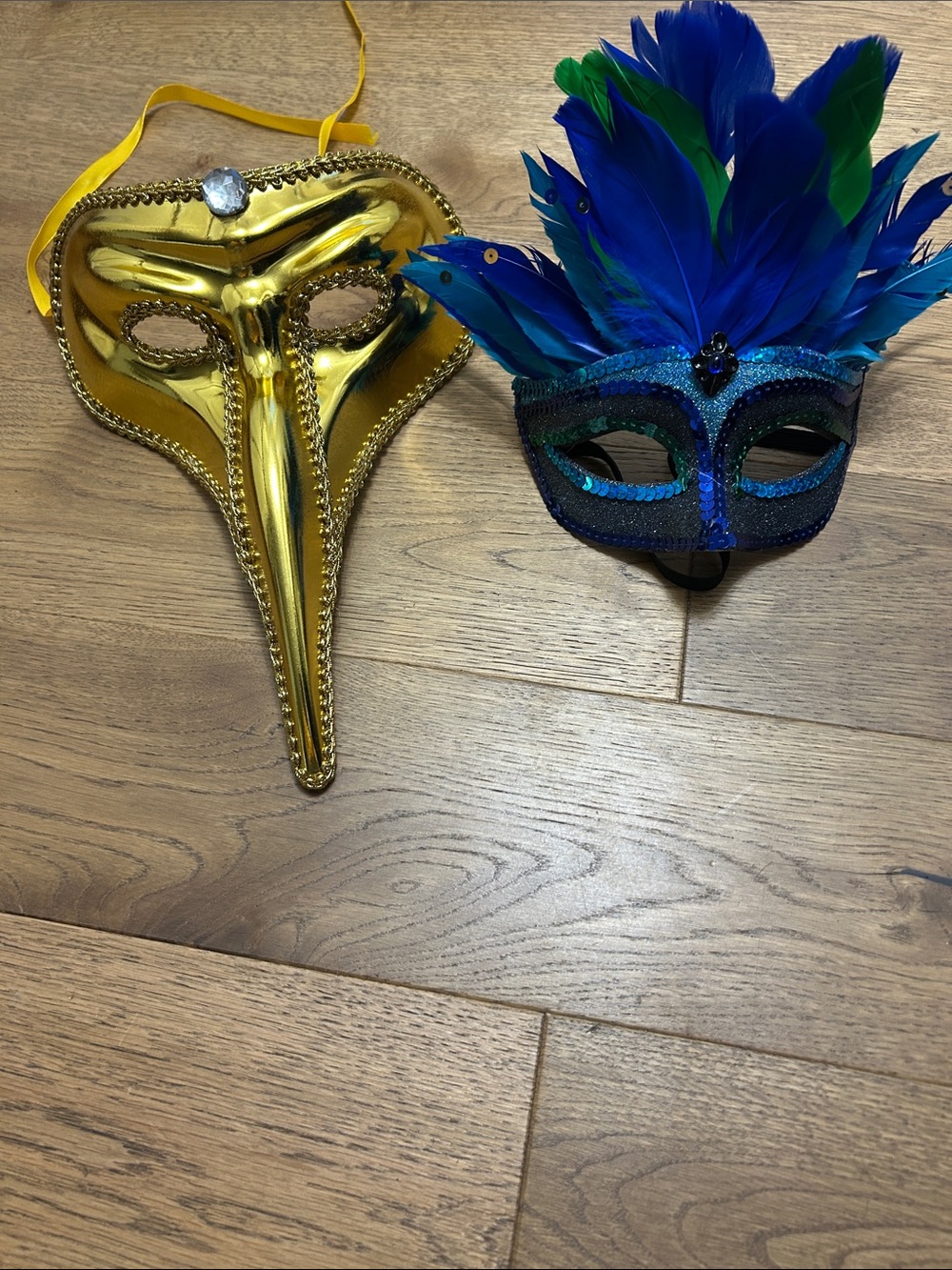 Gold Venetian Plague Mask & Blue Feathered Masquerade Mask Set - Unbranded